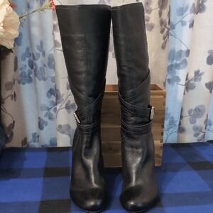 BCBGirls Black Leather Mid-Calf Heeled Boots with Buckle Strap